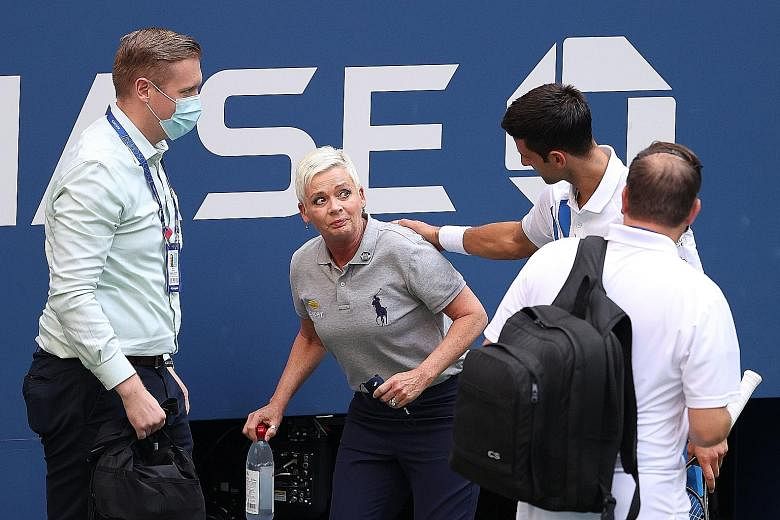 Novak Djokovic checking on the lineswoman after inadvertently striking her with a ball hit in frustration when he was 6-5 down. Right: The Serbian star pleading unsuccessfully with tournament referee Soeren Friemel not to disqualify him.