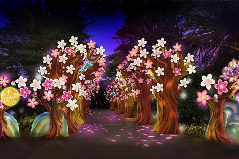 The Apricot Grove light-up, where gobo lighting simulates the effect of falling petals, is a tribute to Singapore's healthcare workers. PHOTO: GARDENS BY THE BAY