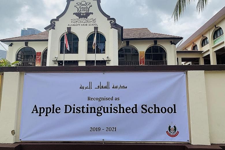 Students at Madrasah Alsagoff Al-Arabiah, which took the bold move four years ago to make basic coding compulsory for all 300 girls enrolled from Primary 1 to Junior College 2. The school (below) is among more than 500 Apple Distinguished Schools tha