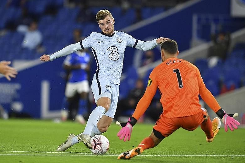 Timo Werner winning Chelsea's spot kick after being brought down by Brighton goalkeeper Mat Ryan. Blues' boss Frank Lampard feels his speed will pose a big threat to rival defences. PHOTO: EPA-EFE