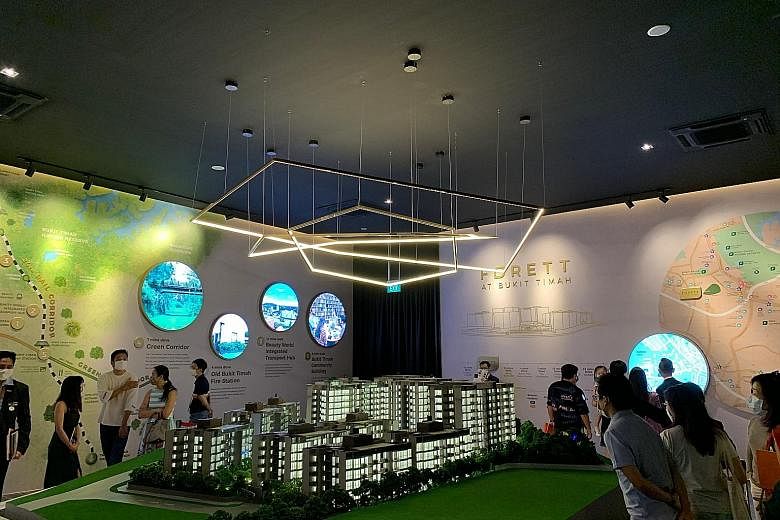Potential home buyers visiting the sales gallery of new launch Forett At Bukit Timah in July. The freehold development in Toh Tuck Road, which offered a price point of $1,933 psf, sold 213 units, or 34 per cent of its 633 units, in the first month of