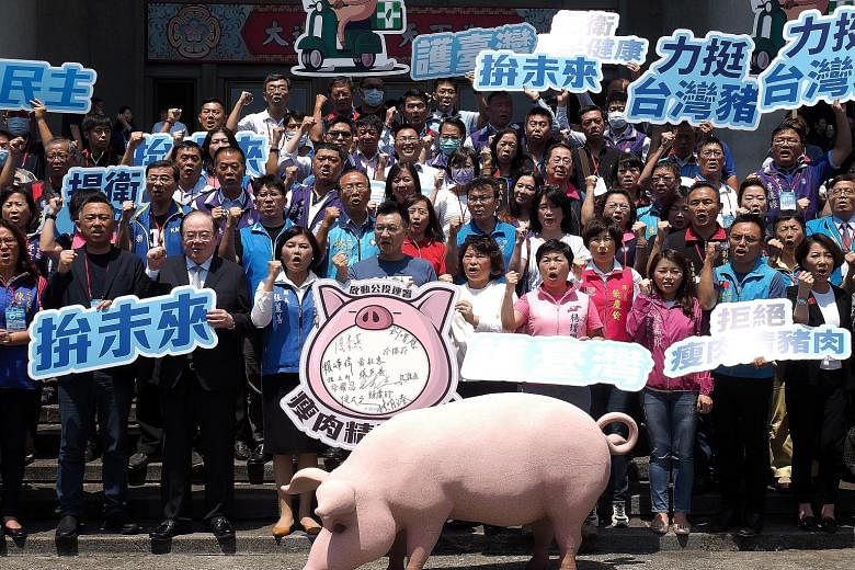 Members of Taiwan's main opposition Kuomintang protesting in Taipei earlier this month against President Tsai Ing-wen's lifting of the ban on importing US pork with ractopamine, a feed additive to make meat lean. PHOTO: EPA-EFE