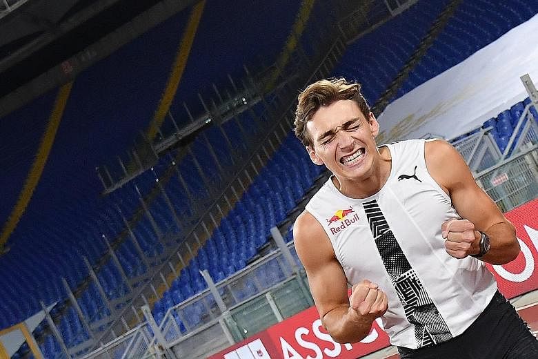 Left: Sweden's Armand Duplantis clearing 6.15m on his second attempt at the Diamond League meet in Rome on Thursday. Above: Duplantis, 20, said it felt "surreal and super crazy" to break Sergey Bubka's 26-year-old outdoor pole vault world record.
