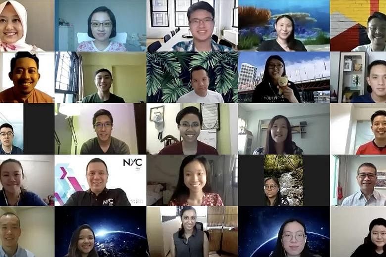 Minister for Culture, Community and Youth and Second Minister for Law Edwin Tong (rightmost column, fourth from top) taking part in a virtual dialogue with 50 people aged between 15 and 35 yesterday. PHOTO: NATIONAL YOUTH COUNCIL The dialogue followe