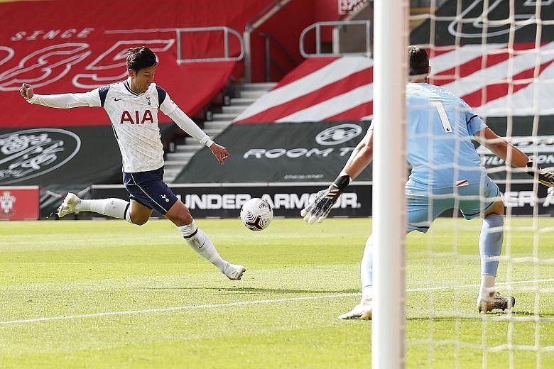 Son Heung-min scoring his fourth goal to put Spurs 4-1 up in their Premier League game at Southampton yesterday. He and manager Jose Mourinho both praised Harry Kane's contribution. PHOTO: REUTERS
