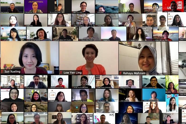 Ms Sun Xueling, Ms Low Yen Ling and Ms Rahayu Mahzam at a virtual dialogue yesterday titled Conversations on Women Development, the first in a series that aims to gather feedback on issues that affect women at home, in school, the workplace and the c