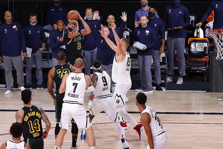 Anthony Davis taking the LA Lakers' winning shot in Game 2 of the Western Conference Finals against Denver at Disney World in Florida on Sunday.