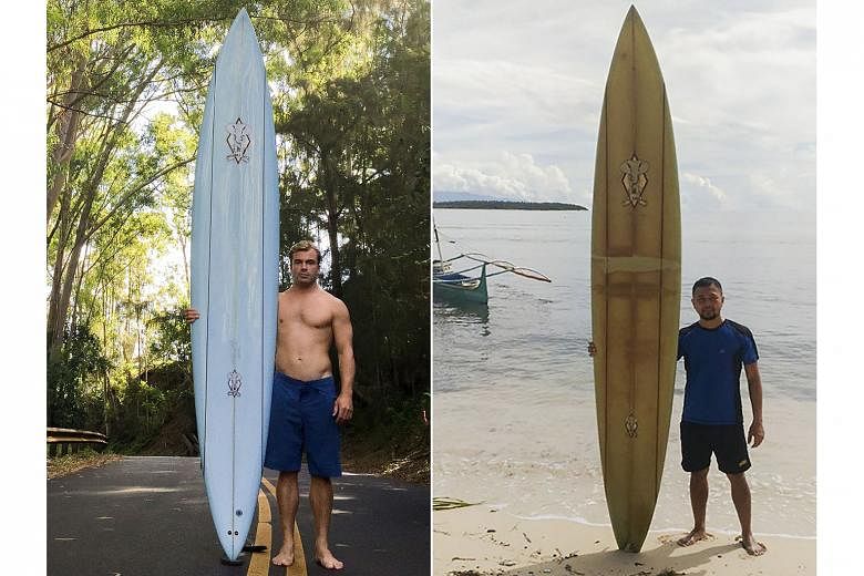 A combination photo showing Mr Doug Falter (left) with his surfboard in 2015 and Mr Giovanne Branzuela with the same board, two years after the American surfer lost it in a wipeout.