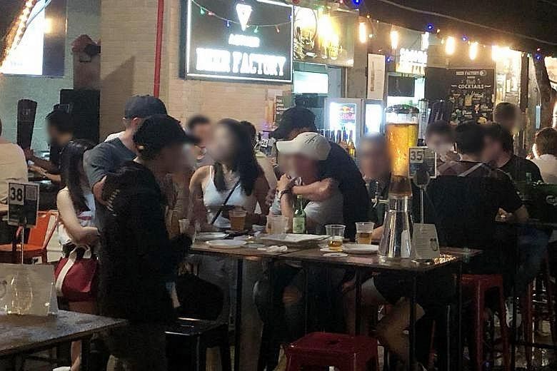 The three F&B outlets ordered to close for 10 days are (from top) a coffee shop drinks outlet at Block 261 Serangoon Central Drive, where patrons were seen drinking alcohol after 10.30pm; Beer Factory at 25 Church Street, where three groups of more t