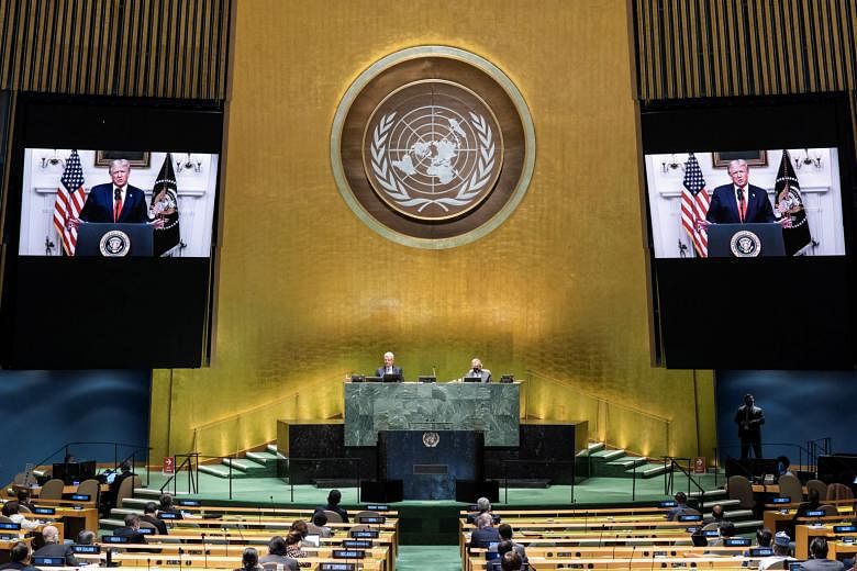 President Donald Trump delivering his speech yesterday to the 75th annual UN General Assembly in New York, which is being held mostly virtually. He has ramped up US tensions with China in a bid to portray himself as tougher towards the country's lead