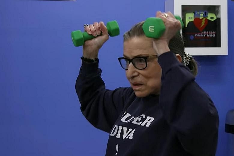 Documentary RBG traced the late Justice Ruth Bader Ginsburg's legal legacy, personal life and strenuous workouts (left) that earned her the moniker Notorious RBG.