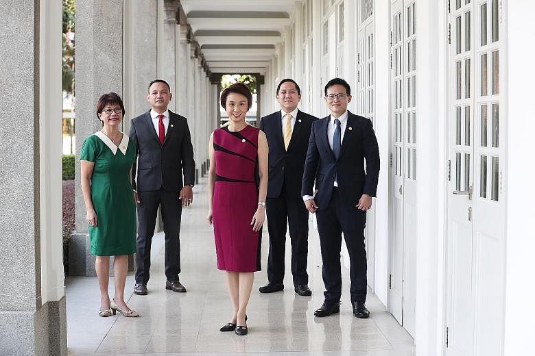 (From left) Ms Denise Phua, Mayor of Central Singapore District; Mr Fahmi Aliman, Mayor of South East District; Ms Low Yen Ling, chairman of the Mayors' Committee and Mayor of South West District; Mr Alex Yam, Mayor of North West District; and Mr Des