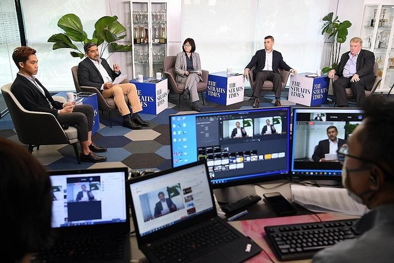 (From right) Infectious diseases expert Dale Fisher, The Straits Times editor Warren Fernandez, the Singapore University of Social Sciences' digital media programme head June Tay, moderator Viswa Sadasivan, and ST multimedia correspondent Yeo Sam Jo 