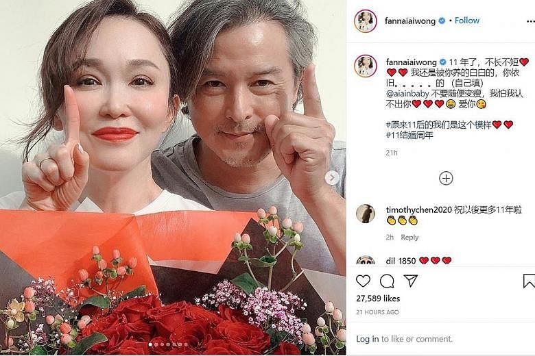11 YEARS TOGETHER: Home-grown power couple Fann Wong and Christopher Lee celebrated their 11th wedding anniversary with flowers and kisses. The couple, both 49, married on Sept 29, 2009 in a glitzy ceremony at the Shangri-La Hotel. They posted the sa