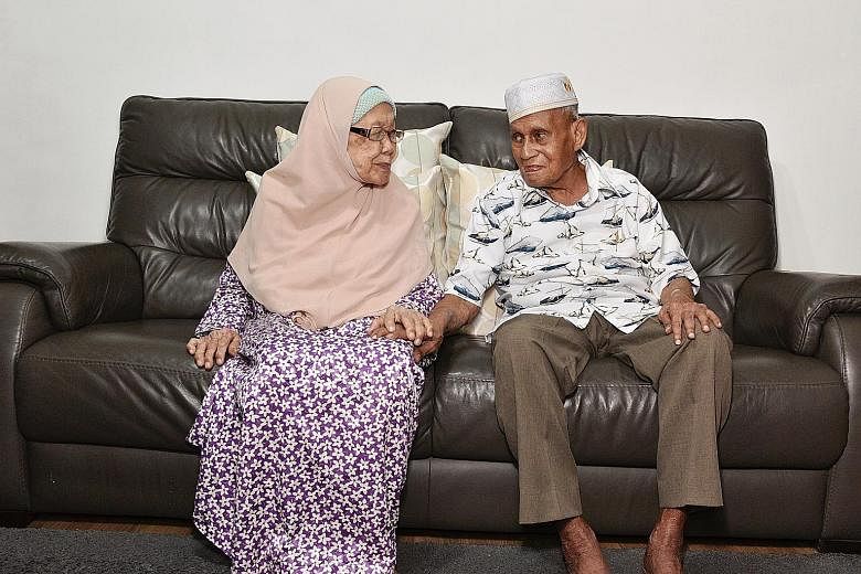 Centenarian Kassim Sultan, pictured above with his wife, Madam Tuminah Haji Siraj, 90, is among the 20,900 Singapore residents aged 90 and older as at June this year, a 94 per cent jump from the 10,800 people in this age group a decade ago. ST PHOTO:
