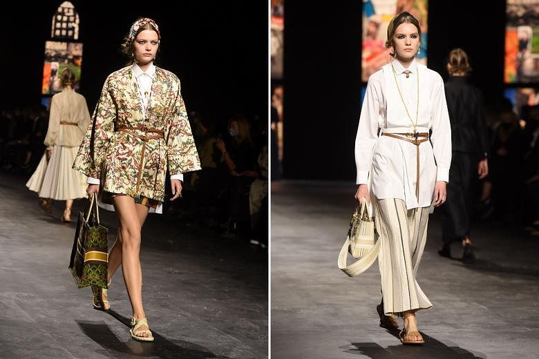 Christian Dior kicked off Paris Fashion Week with a collection that featured kimono-like spring coats (left), in an array of paisley prints, tie-dye stripes or floral patterns and long, buttoned-up white shirts (right), a style the late American writ