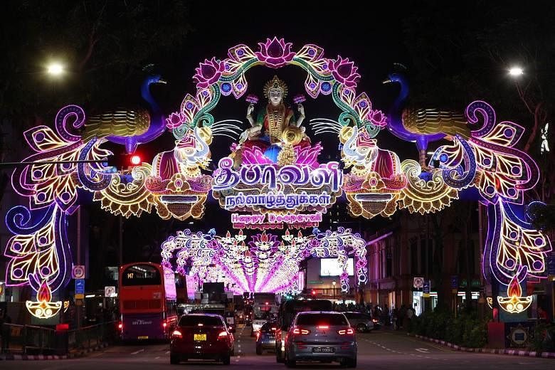 Goddess Mahalakshmi, the theme for this year's Deepavali light-up, is featured on the main arch (left) in Serangoon Road sitting on a lotus flower, with two elephants anointing her with water.