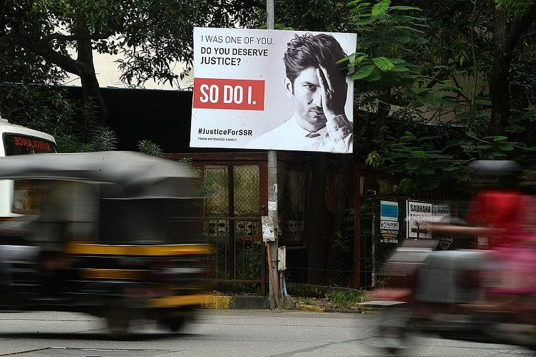 A hoarding (above) in Mumbai last week seeking justice for actor Sushant Singh Rajput. Mr Rajput's actress girlfriend Rhea Chakraborty (far left) is among the 20 people arrested in the drug probe launched after his June 14 death. The narcotics agency
