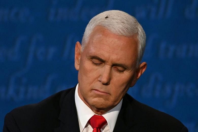 The fly landed and rested on the head of US Vice-President Mike Pence during the vice-presidential debate against Democratic vice-presidential nominee Kamala Harris, in Kingsbury Hall at the University of Utah, on Wednesday.