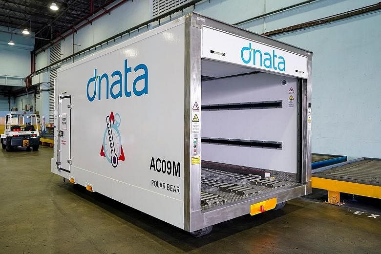 The cool dollies launched by dnata last week feature a closed temperature-controlled system that allows temperature-sensitive pharmaceutical goods to be transported between cargo warehouses and aircraft. PHOTO: DNATA SINGAPORE