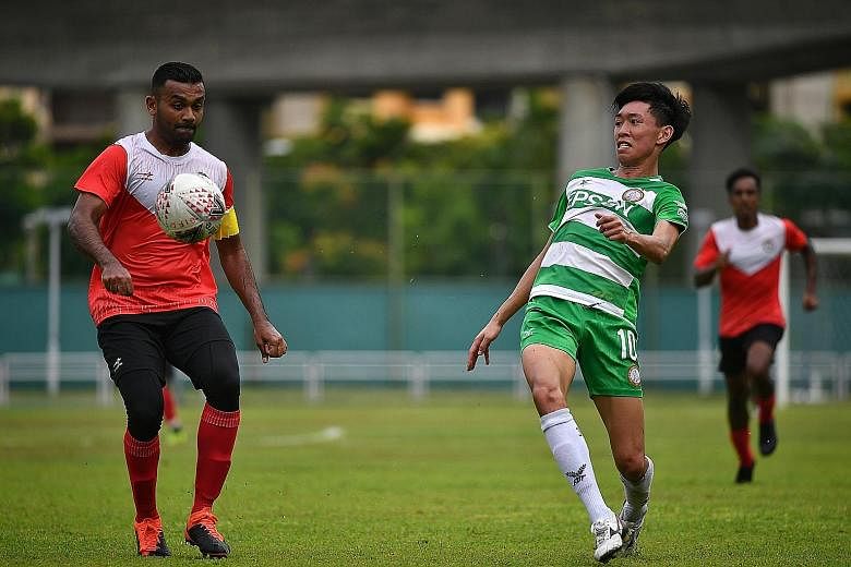 Tanjong Pagar's Faritz Hameed (left) and Joshua Pereira of Geylang International in action during their pre-season friendly in February. The SPL was suspended in March.