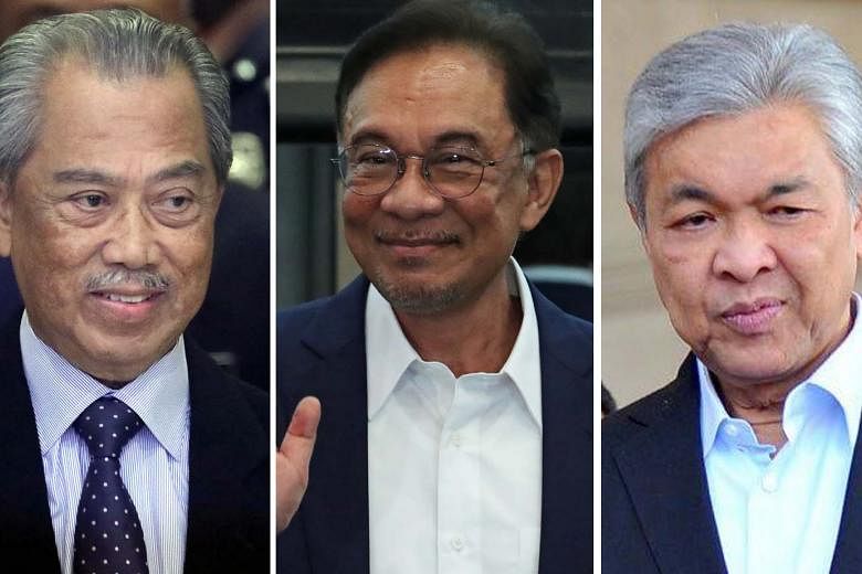Whether the administration led by Prime Minister Muhyiddin Yassin (top) stays on or opposition leader Anwar Ibrahim (middle) succeeds in his bid for Malaysia's top post will depend on how Umno president Ahmad Zahid Hamidi (below) plays his cards in t