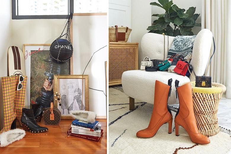 A display of Yoyo Cao's (left) favourite things (above) and a collection of her mini bags and Fendi boots in a corner of her living room (below). Cao's eclectic and minimalist style extends to her living space (left), which has a base palette of whit
