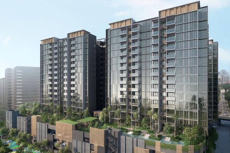 Artists' impressions of Penrose (top) and Treasure at Tampines. New launch Penrose sold 389 units last month at a median price of $1,541 psf; the previously launched Treasure at Tampines sold 115 units at a median price of $1,379 psf.