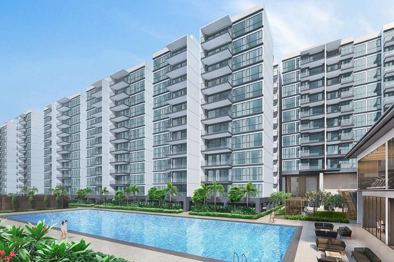 Artists' impressions of Penrose (top) and Treasure at Tampines. New launch Penrose sold 389 units last month at a median price of $1,541 psf; the previously launched Treasure at Tampines sold 115 units at a median price of $1,379 psf.