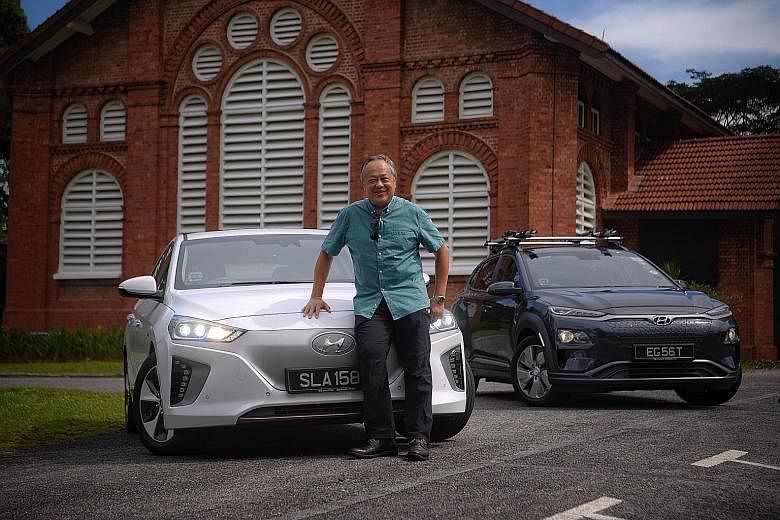 Mr Leslie Chang bought the Hyundai Ioniq Electric (above left) last year and, in July this year, took delivery of the Kona Electric (right), which he shares with his wife.