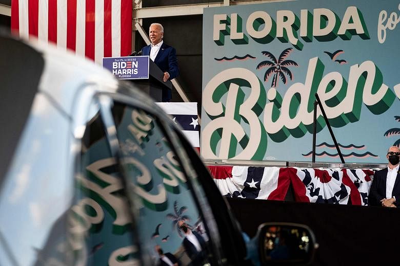 Democratic presidential candidate Joe Biden speaking at a drive-in rally in Florida on Tuesday. Florida is key in the US election next month because no realistic path to the 270 votes needed in the Electoral College exists for President Donald Trump 