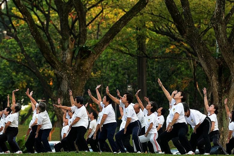 Senior citizens exercising at Bishan Park. The lead author of the Mercer CFA Institute Global Pension Index notes that Singapore's Central Provident Fund has an annuity focus, with an income-oriented system that allows for money to be set aside for t