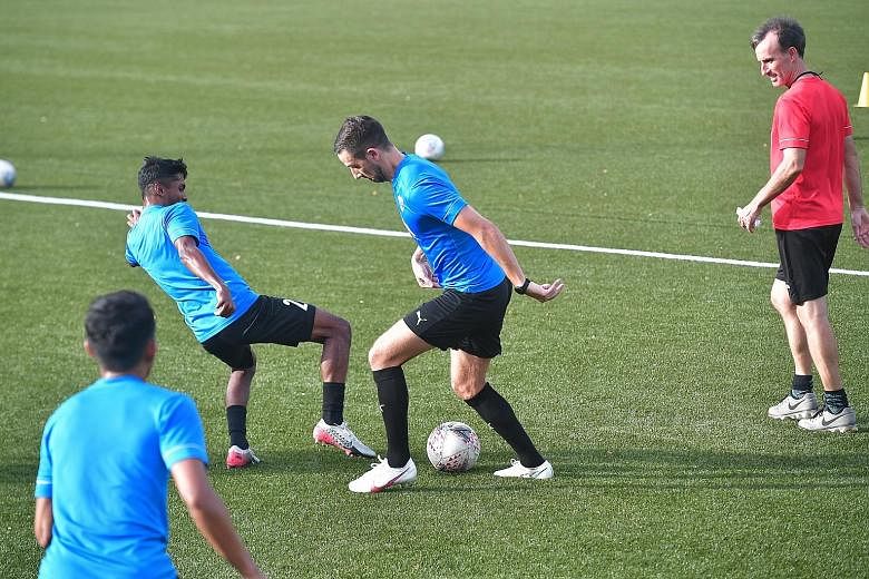 Lion City Sailors striker Stipe Plazibat (right) during training on Thursday. He scored twice on his debut to lead his team to a 4-0 Singapore Premier League win over Geylang last weekend. The 31-year-old has been praised by his coach Aurelio Vidmar 