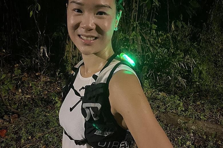 Above: If you are running off road or on different terrain like the nature trails in reservoirs such as MacRitchie, beware of uneven surfaces. Left: Reine Jong wears clip-on lights that blink when she runs along park connectors at night.