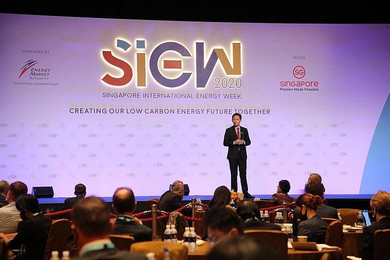 Minister for Trade and Industry Chan Chun Sing speaking at the opening of the Singapore International Energy Week at the Sands Expo and Convention Centre yesterday. PHOTO: LIANHE ZAOBAO