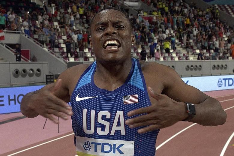 American sprinter Christian Coleman celebrating after winning the 100m at last year's World Athletics Championships in Doha, Qatar. He risks missing the Tokyo Olympics if his ban stays.