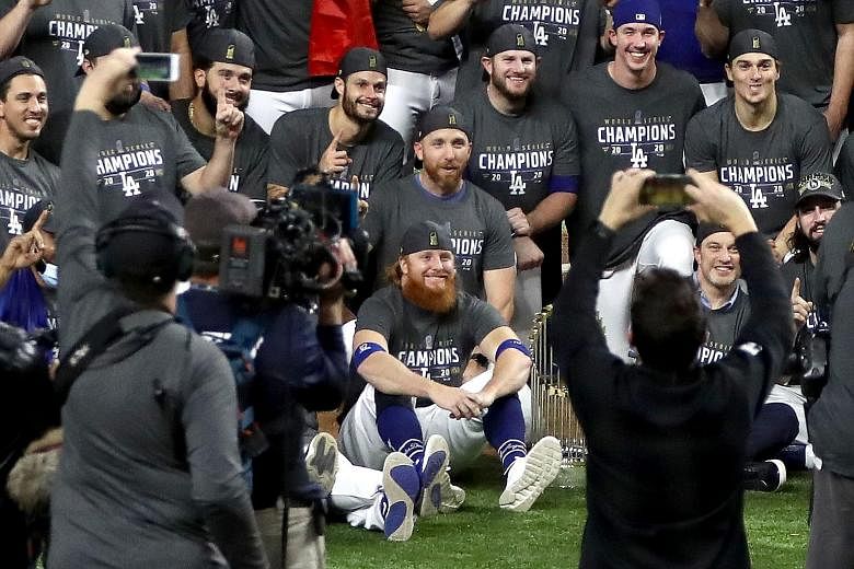 Clockwise from left: The Los Angeles Dodgers charging out of their dugout to rejoice after beating the Tampa Bay Rays 3-1 in Game Six. Rowdy Dodgers fans throw fireworks at police as they celebrate. Justin Turner (front) back for a group shot after b