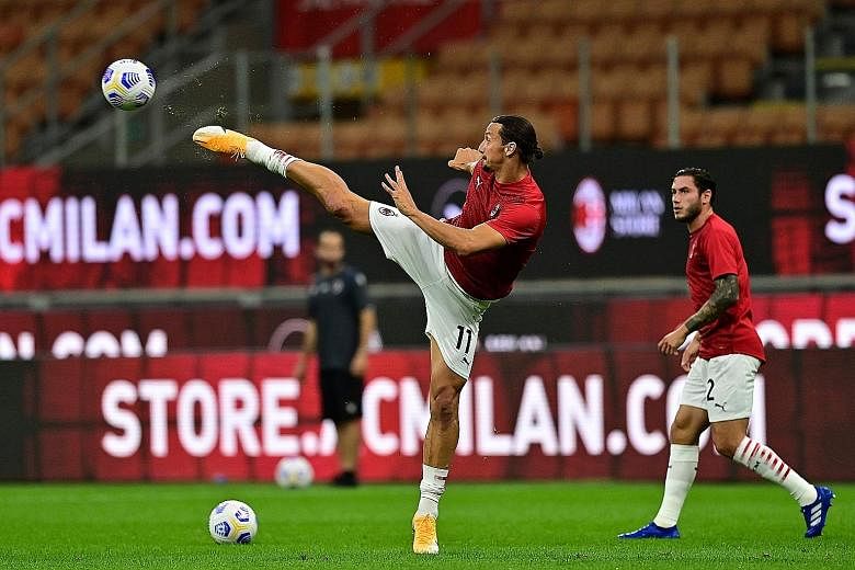 AC Milan forward Zlatan Ibrahimovic warming up before a Serie A match against Bologna last month. The 39-year-old Swede could become the second-oldest scorer in Europa League history if he nets against Sparta Prague today. That record is held by Dani