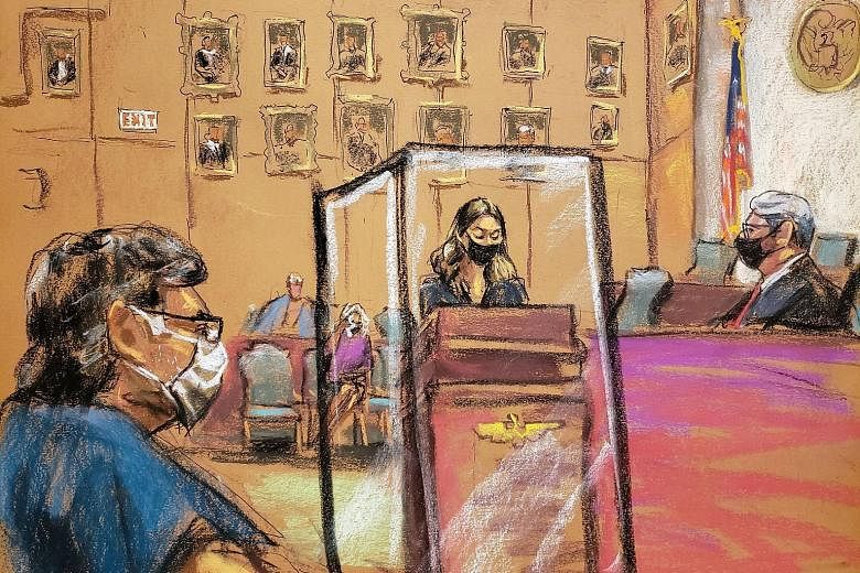 A courtroom sketch shows a witness identified only as Camila (centre) giving a victim impact statement on Tuesday, at the sentencing hearing in the sex trafficking and racketeering case against NXIVM cult leader Keith Raniere (left) inside the Brookl