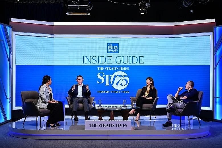 Straits Times editor Warren Fernandez (second from left) speaking yesterday at the trade launch of ST's revamped product, on a panel that included ST executive editor Sumiko Tan (third from left) and Singapore Press Holdings chief commercial officer 