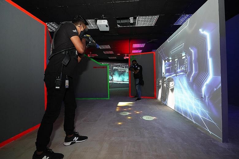 The laser tag arena at the Black Lake Facility uses the Helios2 laser tag system and features three gameplay themes.