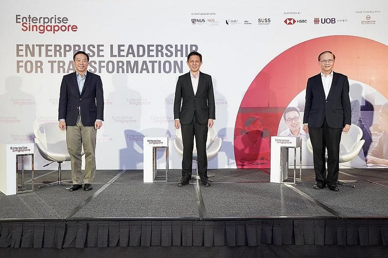 (From left) Enterprise Singapore chief executive Png Cheong Boon, Minister for Trade and Industry Chan Chun Sing and Enterprise Singapore deputy chief executive Ted Tan at the launch of the Enterprise Leadership for Transformation programme yesterday