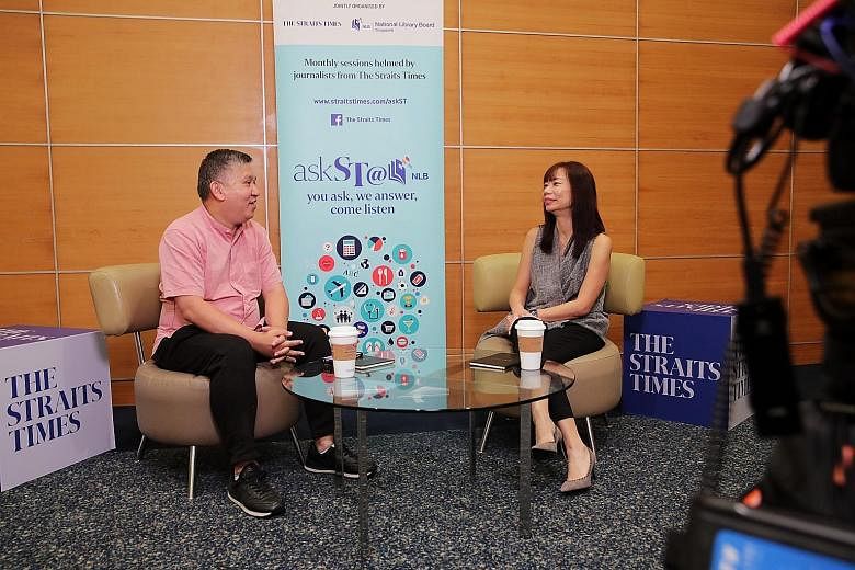 ST assistant news editor Toh Yong Chuan with Ms Christine Gan, a principal career coach at Workforce Singapore, during the askST@NLB session filmed at the Singapore Press Holdings auditorium on Monday.