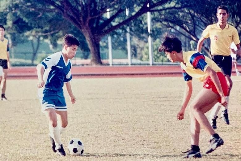 Mr Edwin Tong (far left), Minister for Culture, Community and Youth, playing football when he was an undergraduate. As a student-athlete, he had aspired to play on the hallowed turf of the old National Stadium. Now, he wants the younger generation to