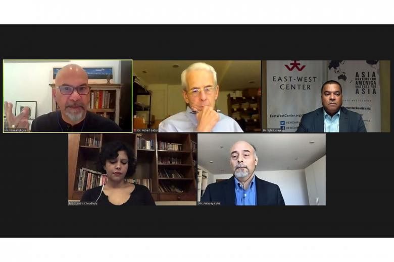 The Asia Perspectives On Future Relations As America Votes webinar included participants such as (top row, from left) Mr Nirmal Ghosh; Dr Robert Sutter, professor of Practice of International Affairs, George Washington University; Dr Satu Limaye; (bo