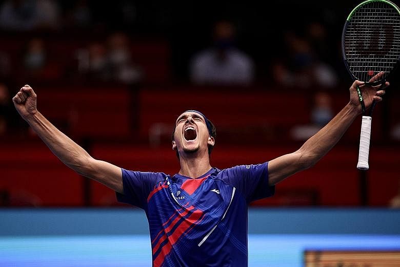 An overjoyed Lorenzo Sonego after thumping world No. 1 Novak Djokovic at the Vienna Open.