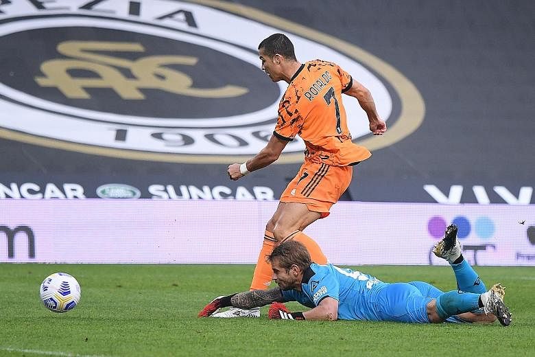 Cristiano Ronaldo rounding and beating Spezia custodian Ivan Provedel to mark his return to football with a goal. He caught the coronavirus on international duty and had missed four matches before Sunday.