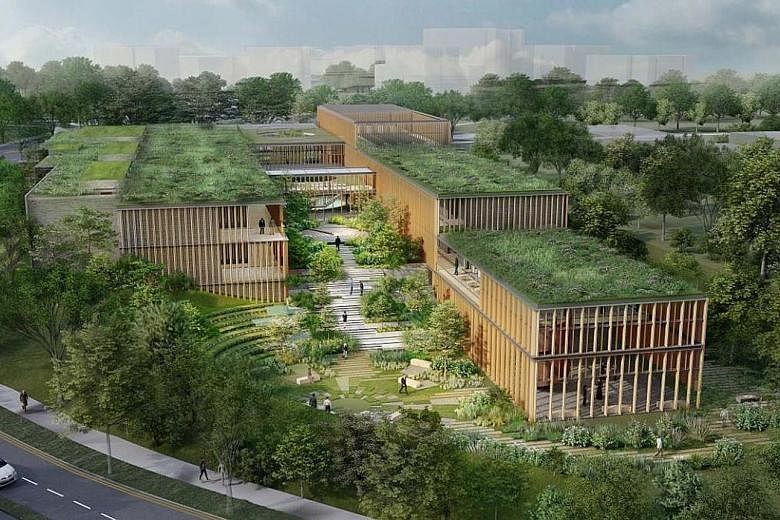 An artist's impression of the funeral parlour complex to be built in Bidadari estate. Slated to be completed in 2025, the facility will occupy 1.1ha of the 7.1ha previously occupied by Mount Vernon Columbarium Complex. A memorial garden will sit next