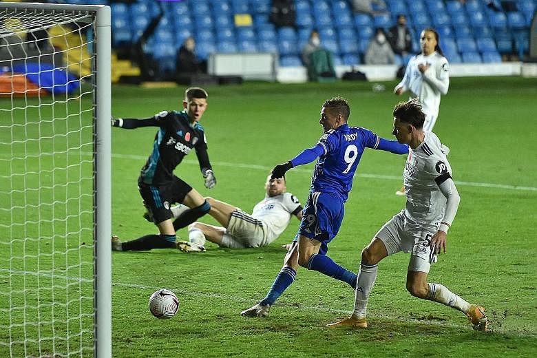 Leicester's veteran Jamie Vardy scoring their third goal in the 4-1 win at Elland Road on Monday. While manager Brendan Rodgers is pleased with his team's rise to second place behind champions Liverpool, he is not entertaining any title talk. PHOTO: 