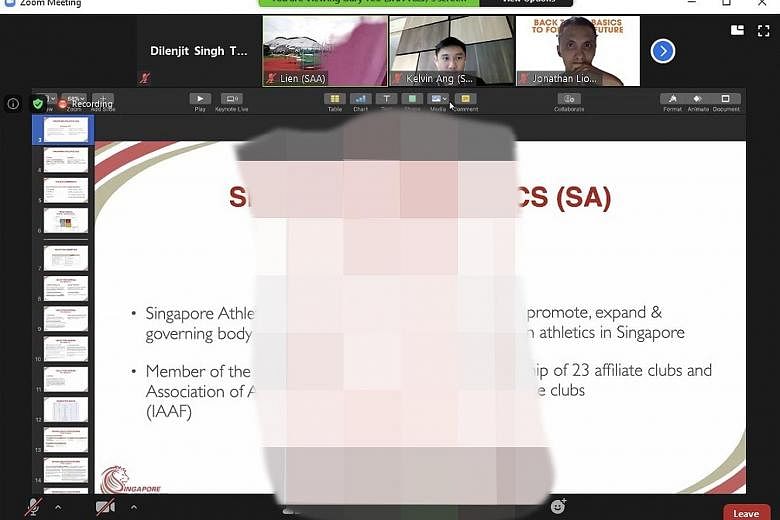 A screenshot which has an obscene image blurred out. The unedited version appeared during Singapore Athletics' virtual townhall.